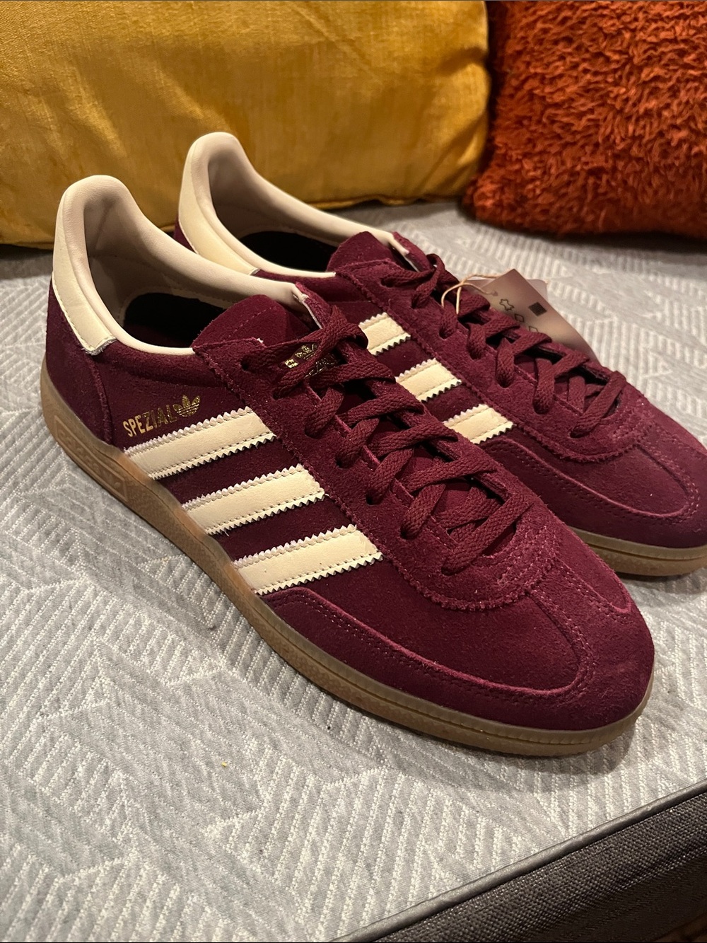 adidas Burgundy Suede Spezial Sneakers with Cream Stripes